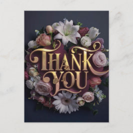 Elegant Floral “Thank You” Gold Lettering Design Vykort