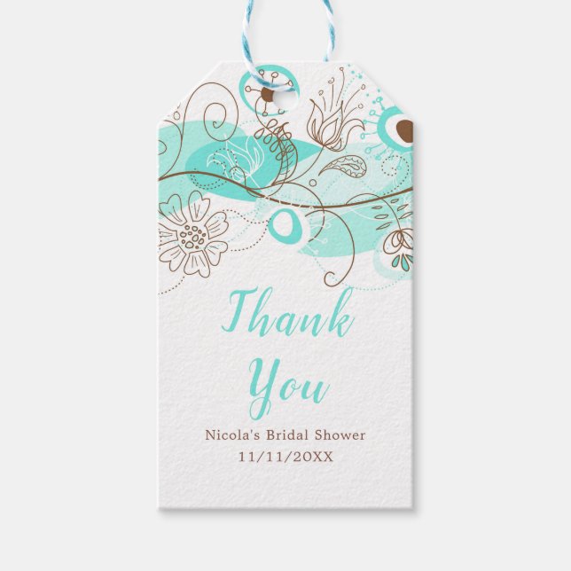 Elegant Floral Twist Bridal Shower in Turquoise Presentetikett (Framsidan)