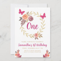 Elegant Floral Watercolor 1st Birthday Inbjudningar