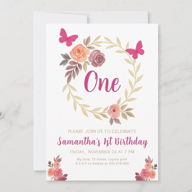 Elegant Floral  Watercolor 1st Birthday Inbjudningar (Framsida)