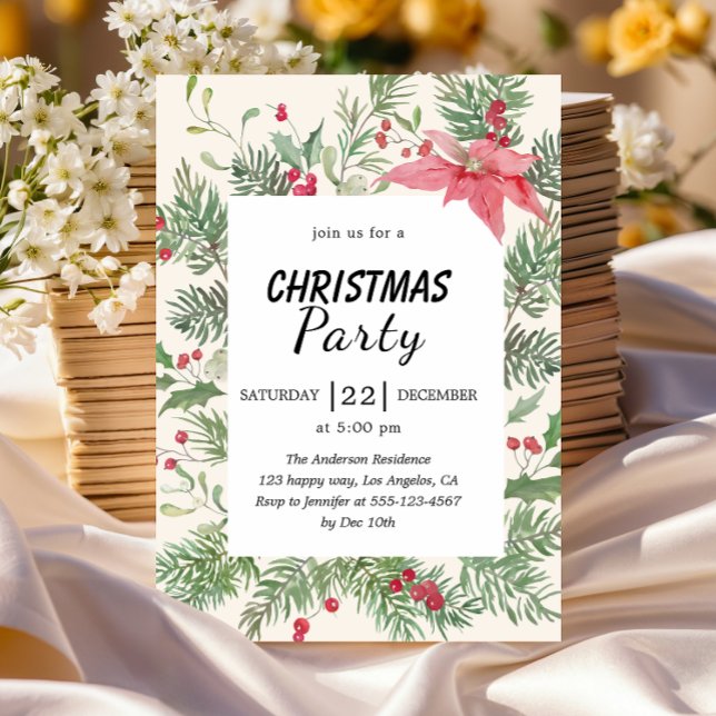 Elegant Floral Watercolor Christmas Party  Inbjudningar (Skapare uppladdad)