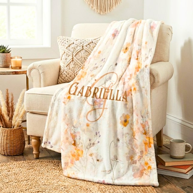 Elegant Floral Watercolor Custom Monogram Fleecefilt (Skapare uppladdad)