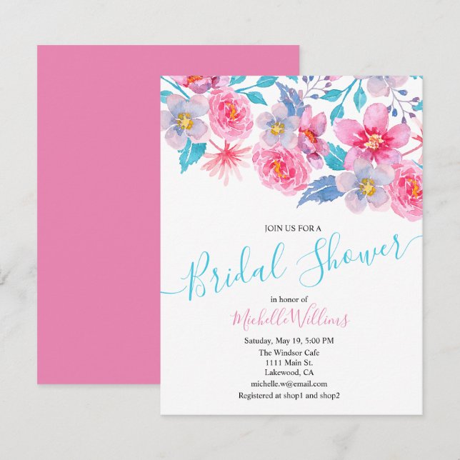 Elegant floral watercolour bridal shower inbjudningar (Fram/baksida)