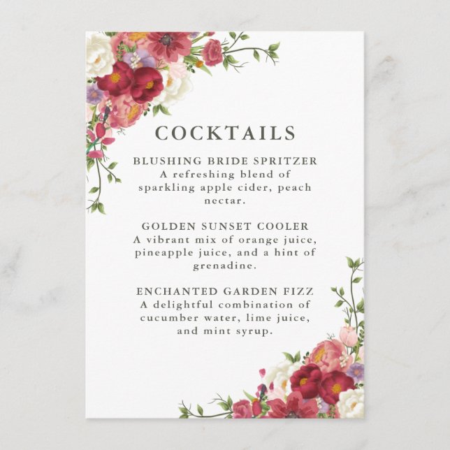 Elegant Floral Wedding Cocktail Menu Meny (Framsida)