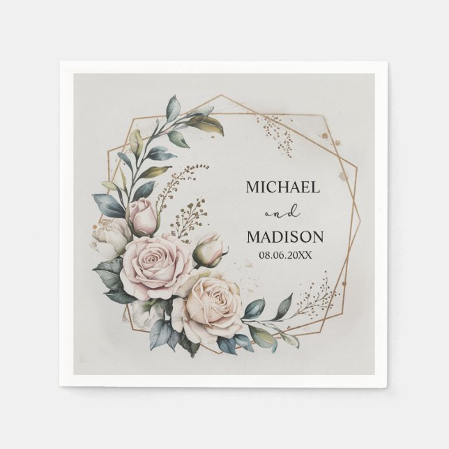 Elegant Floral Wedding Custom Names & Date Gold  Pappersservett (Framsidan)