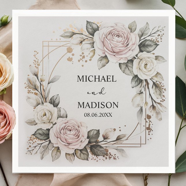 Elegant Floral Wedding Custom Names & Date Gold  Pappersservett (Skapare uppladdad)