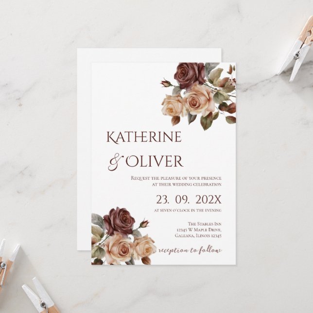 Elegant Floral Wedding Invitation Inbjudningar (Fram/Back In Situ)