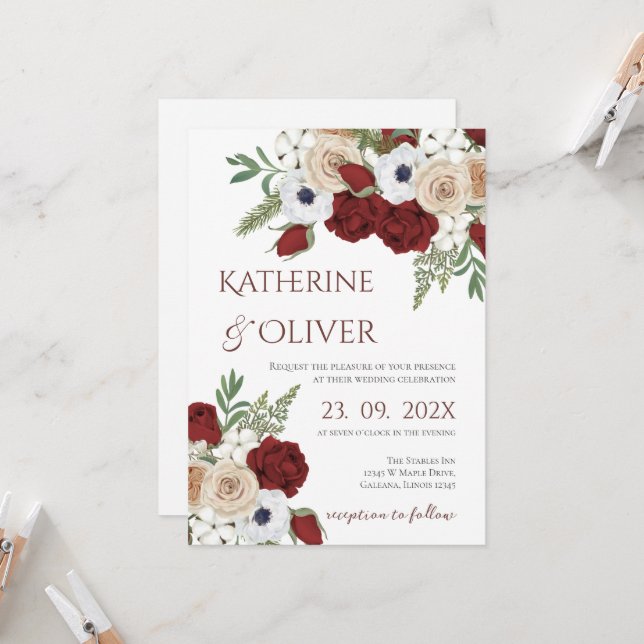 Elegant Floral Wedding Invitation Inbjudningar (Fram/Back In Situ)