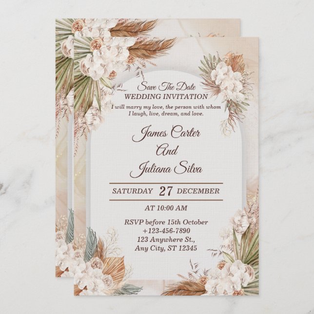 Elegant Floral Wedding Invitation Modern card Inbjudningar (Fram/baksida)