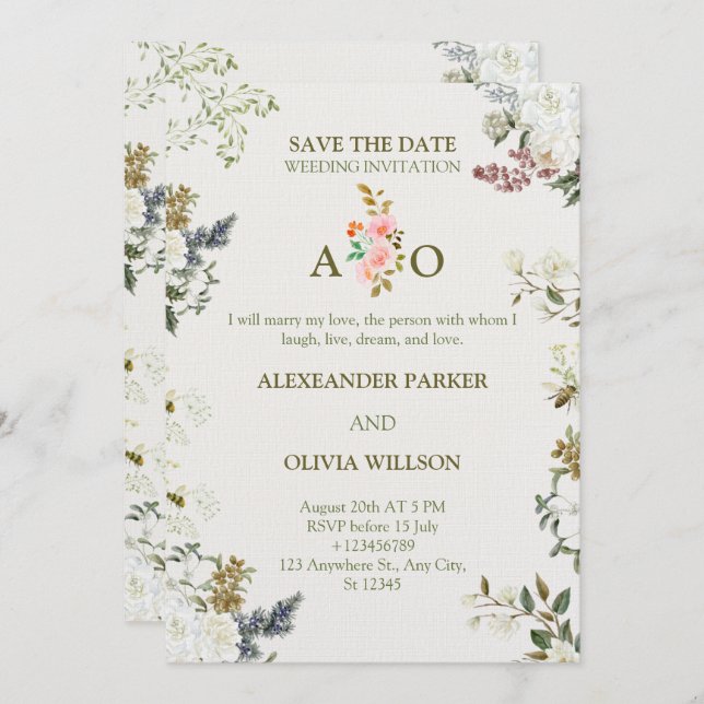 Elegant Floral Wedding Invitation – Modern CARD Inbjudningar (Fram/baksida)