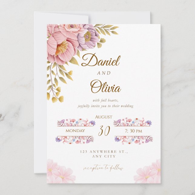 Elegant Floral Wedding Invitation | Romantic Pink  Inbjudningar (Framsida)