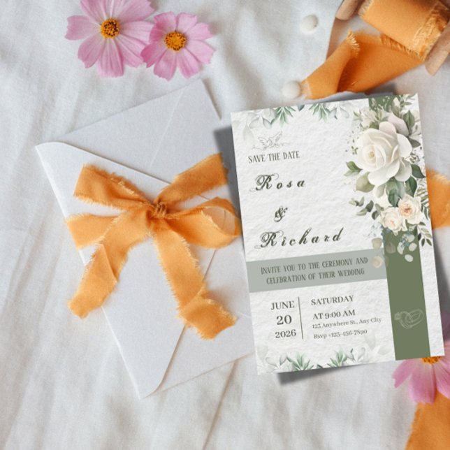 Elegant Floral Wedding Invitation – Save the Date Inbjudningar (Skapare uppladdad)