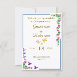 Elegant Floral Wedding Invitation with Butterflies Tack Kort