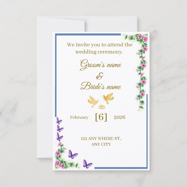 Elegant Floral Wedding Invitation with Butterflies Tack Kort (Framsida)