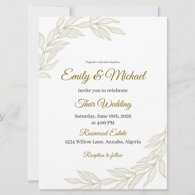 Elegant Floral Wedding Invitation with Gold Script Inbjudningar (Framsida)