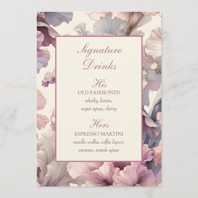 Elegant Floral Wedding Signature Drinks Bar Menu Meny (Framsida)