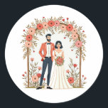 Elegant Floral Wedding Sticker Runt Klistermärke<br><div class="desc">A charming illustration of a bride and groom standing under a floral arch,  perfect for adding a romantic touch to your messages.</div>
