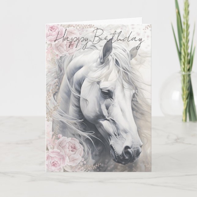 Elegant Floral White Horse Helgkort (Framsida)