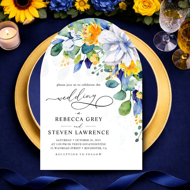 Elegant floral yellow blue wedding arched photo inbjudningar (Skapare uppladdad)
