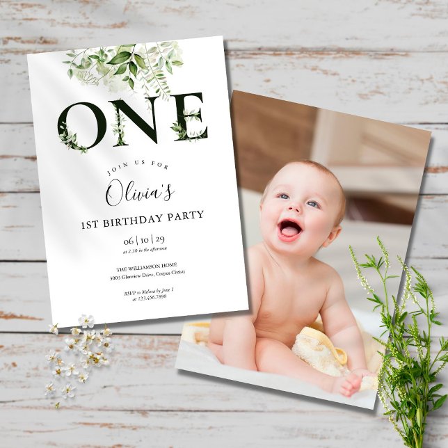 Elegant florgrönska 1-års födelsedagsfoto inbjudningar (Skapare uppladdad)