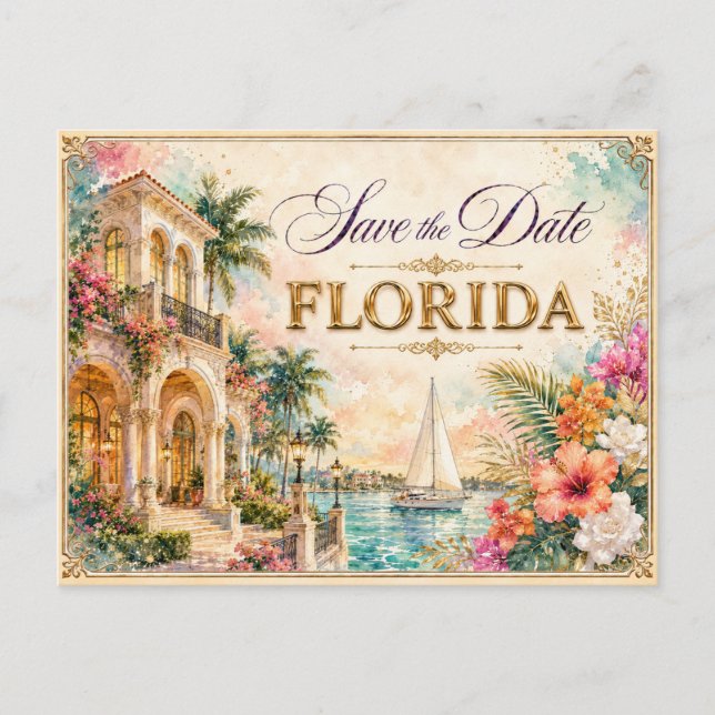 Elegant Florida Spara datum Bröllopsinbjudan Vykort (Framsida)