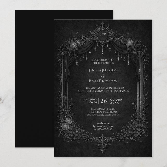 Elegant floristisk gotisk halloween bröllopsinbjud inbjudningar (Fram/baksida)