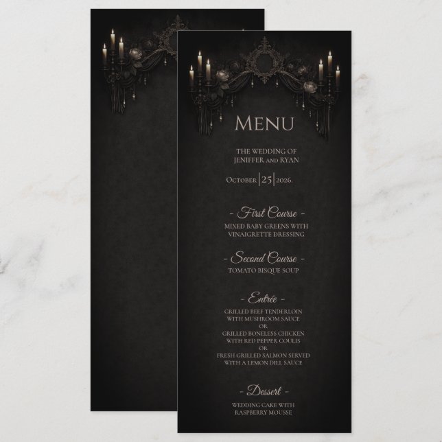 Elegant floristisk gotisk Halloween bröllopsmeny Meny (Fram/baksida)