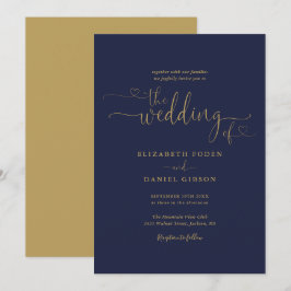 Elegant flottan och Guld Hearts Calligraphy Bröllo Inbjudningar