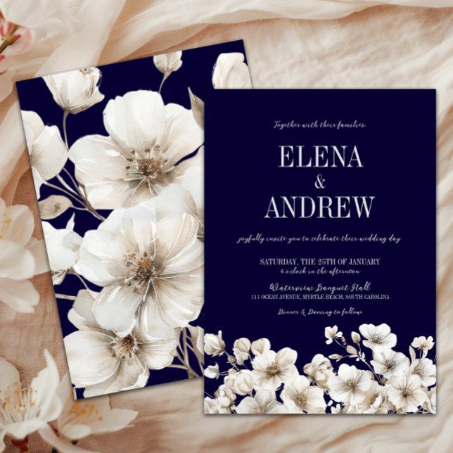 Elegant flottan och Vita Blommigten Bröllop Inbjudningar (Elegant Navy & White Floral Wedding Invitation, Winter Wedding, Fall Autumn Flowers, Love in Bloom)