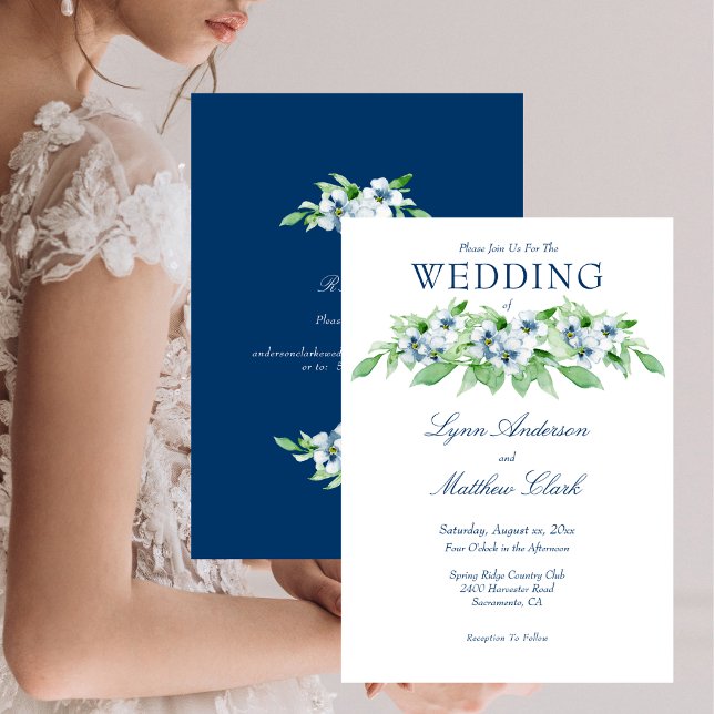 Elegant flottan och Vita Blommigten Bröllop Inbjudningar (Elegant Navy and White Floral Wedding Invitation)