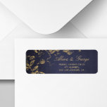 Elegant, flottans vintage guld osa bröllop returadress etikett<br><div class="desc">Klassy guld kalligraphy vintage returadress bröllop OSA etikett med blommigt snurrar,  löv och löv över en mörk marin bakgrund.               Lämpligt för höstfall eller vinterklass elegant vintage bröllop.</div>