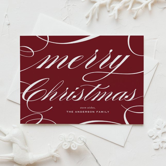Elegant Flourish Script Burgunder Merry Christmas Helg Vykort (This elegant Christmas potcard features a beautiful flourish script on a rich burgundy background.)