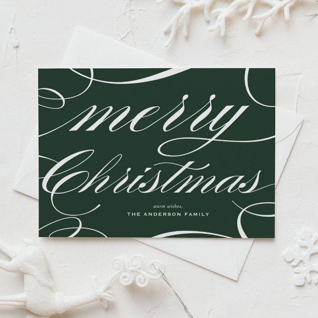 Elegant Flourish Script Grön God Jul Helg Vykort (This elegant Merry Christmas postcard features a flourish script on a rich green background.)