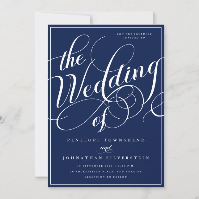 Elegant Flourish Script Marinblå Bröllop Inbjudningar (Framsida)