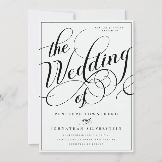 Elegant Flourish Script Svart Vitt Bröllop Inbjudningar (Framsida)