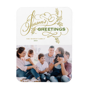 Elegant Flourish Season's Greetings Family Photo Magnet