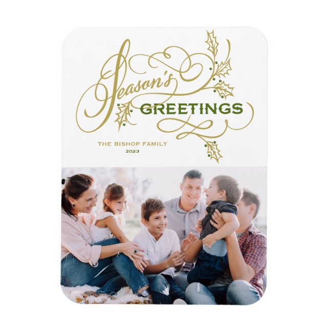 Elegant Flourish Season's Greetings Family Photo Magnet (Vertikal)