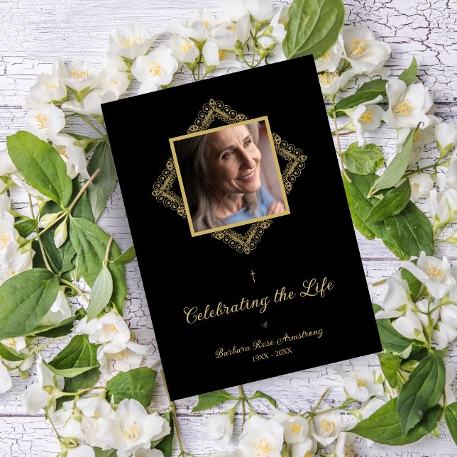 Elegant Flourish Sophisticated Golden Ornament  Inbjudningar (Elegant Flourish Sophisticated Fake Golden Ornament Photo Funeral Service Invitation with Envelope.)