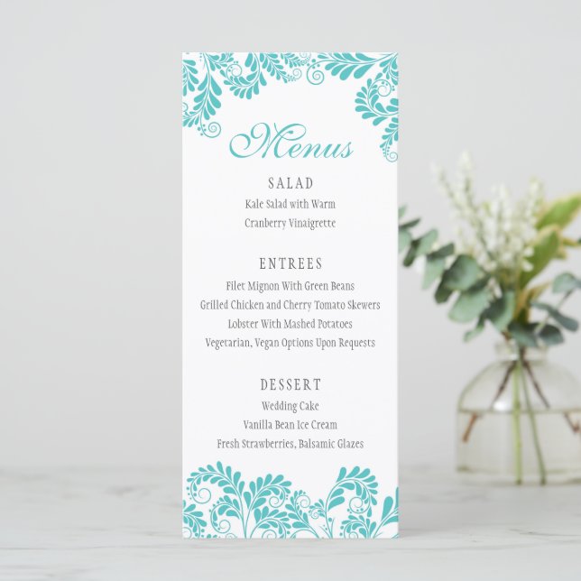 Elegant Flourish Turcos Bröllop Menus Meny (Stående Fram)
