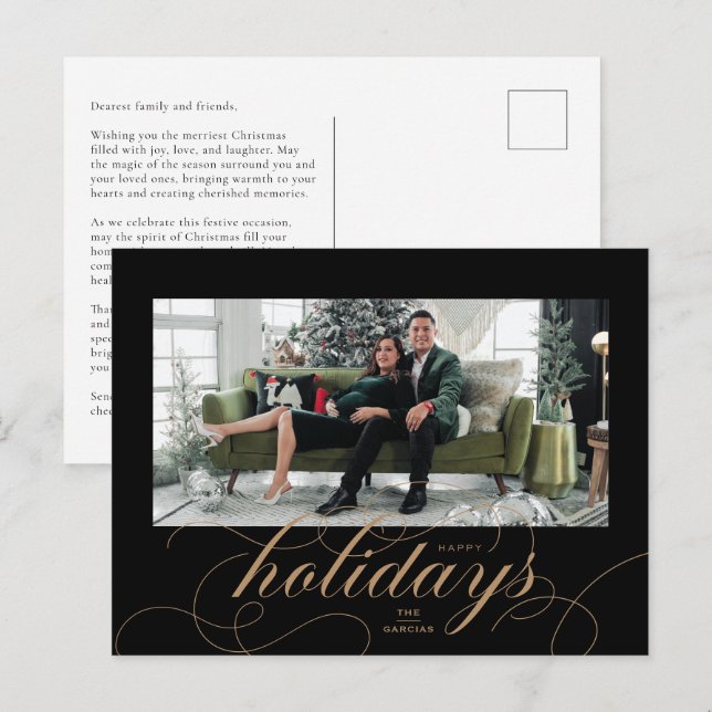 Elegant Flourt Script Black Helgdag Photo Card Helg Vykort (Fram/baksida)