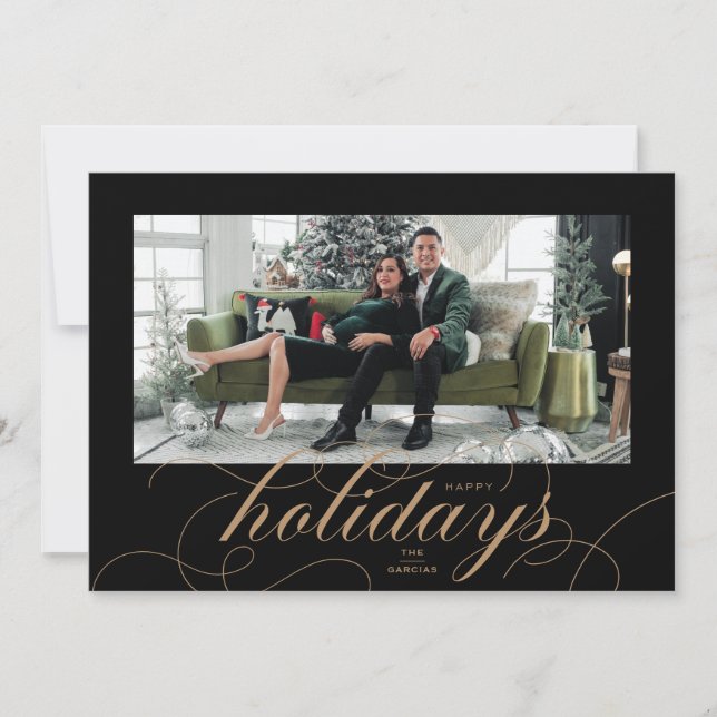 Elegant Flourt Script Black Helgdag Photo Card Julkort (Framsida)
