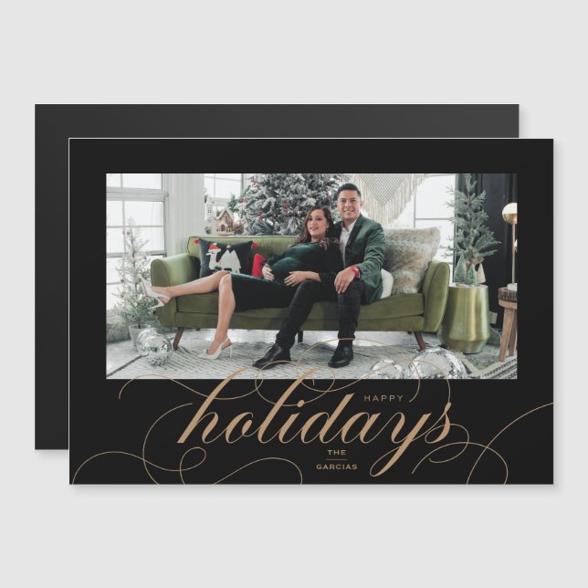 Elegant Flourt Script Black Helgdag Photo Card Magnetisk Inbjudningskort (Fram/baksida)