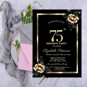 Elegant Flower Guld Black 75:e födelsedag i Svarta Inbjudningar