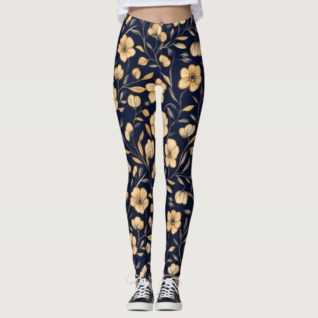 Elegant Flower Guld Mönster Leggings (Framsida)