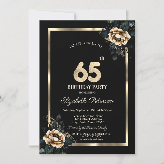 Elegant Flower Guld Ram Black 65e Birday Inbjudningar (Framsida)