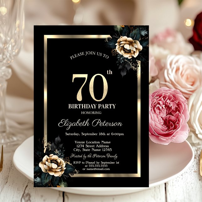 Elegant Flower Guld Ram Black 70:e födelsedagen Inbjudningar (Skapare uppladdad)