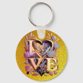 Elegant Flower, Heart och Golden Kärlek Nyckelring