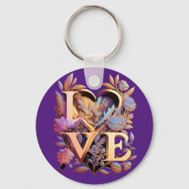 Elegant Flower, Heart och Golden Kärlek Nyckelring