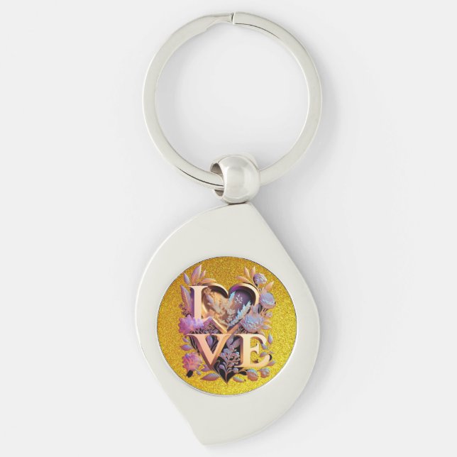 Elegant Flower, Heart och Golden Kärlek Swirl Silverfärgad Nyckelring (Framsidan)