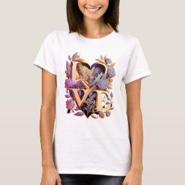 Elegant Flower, Heart och Golden Kärlek T Shirt